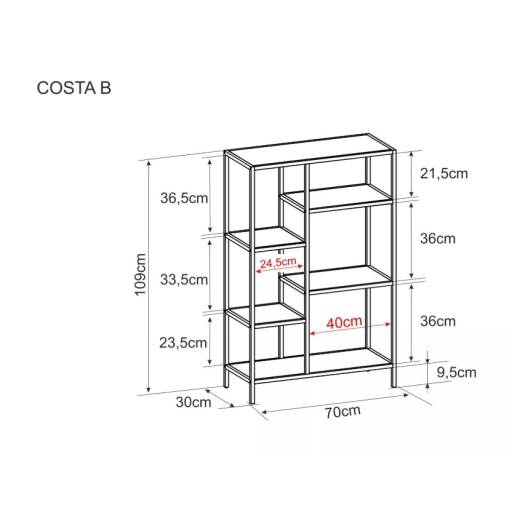 Costa B könyvespolc tölgy, fekete