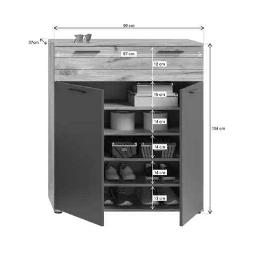 Mason 2 ajtós, 1 fiókos cipősszekrény nox tölgy - bazaltszürke