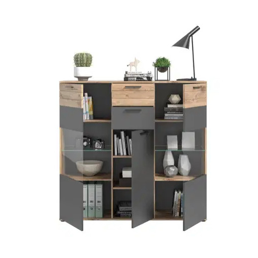 Mason 3 ajtós tálalószekrény nox tölgy - bazaltszürke