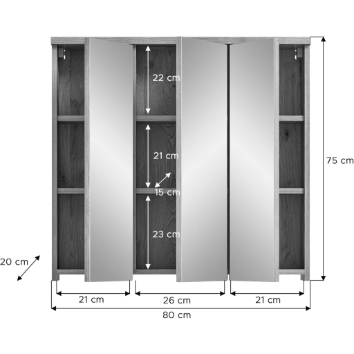 Grado tükrös fürdőszoba szekrény nox tölgy